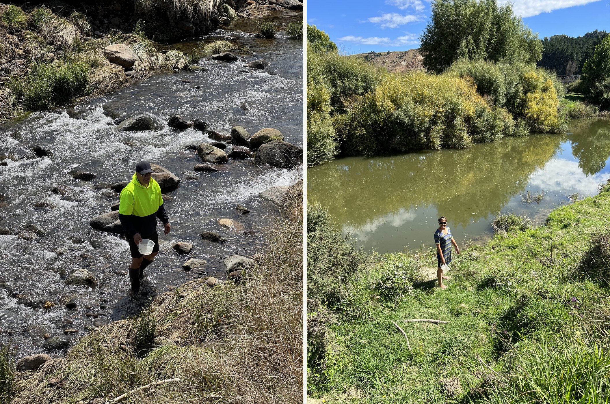 Checking stream health at a fast-flowing rocky reach, and a calmer stretch with vegetated, stable banks